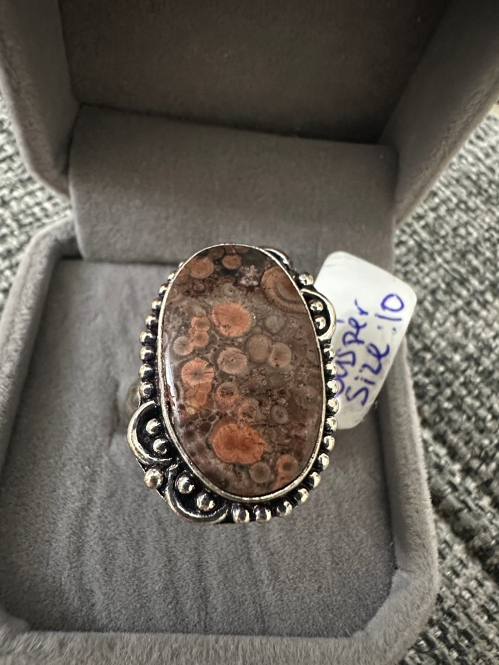 Poppy Jasper Sterling Silver Statement Ring Size 10
